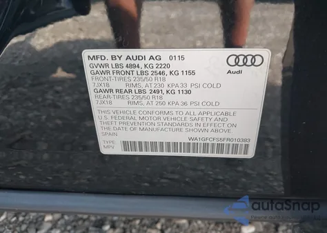 2015 Audi Q3 2.0T Premium Plus from USA, damaged, VIN WA1GFCFS5FR010383